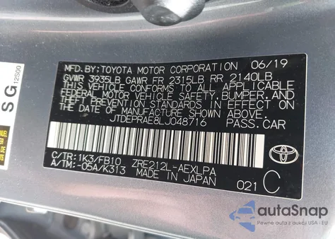 2020 Toyota Corolla Le from USA, damaged, VIN JTDEPRAE8LJ048716